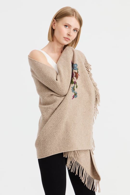 Womens Knitwear Brass Mesh Embroidered Wool Shawl K.Beige