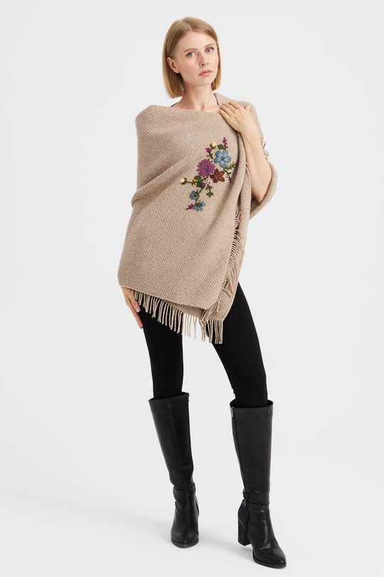 Womens Knitwear Brass Mesh Embroidered Wool Shawl K.Beige