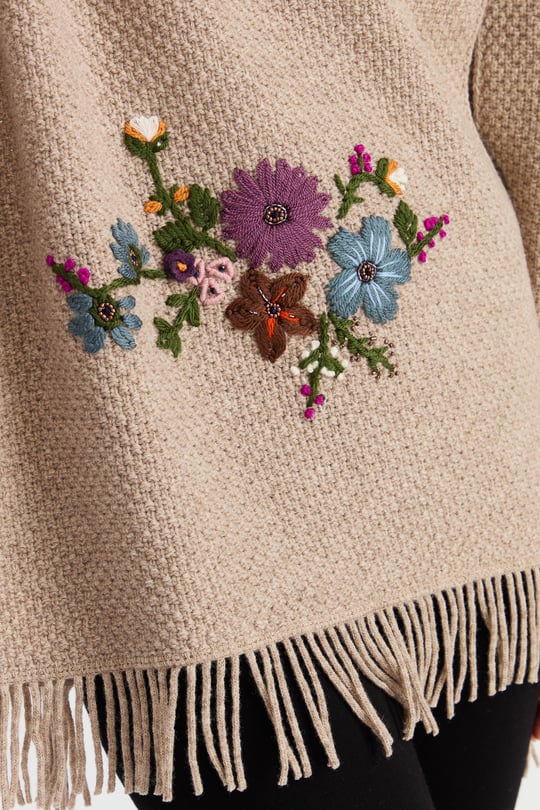 Womens Knitwear Brass Mesh Embroidered Wool Shawl K.Beige