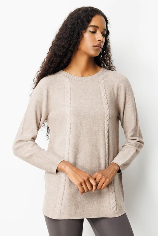 Kadın Triko Yanı Yırtmaçlı Pirinç Örgü Kazak Vizon