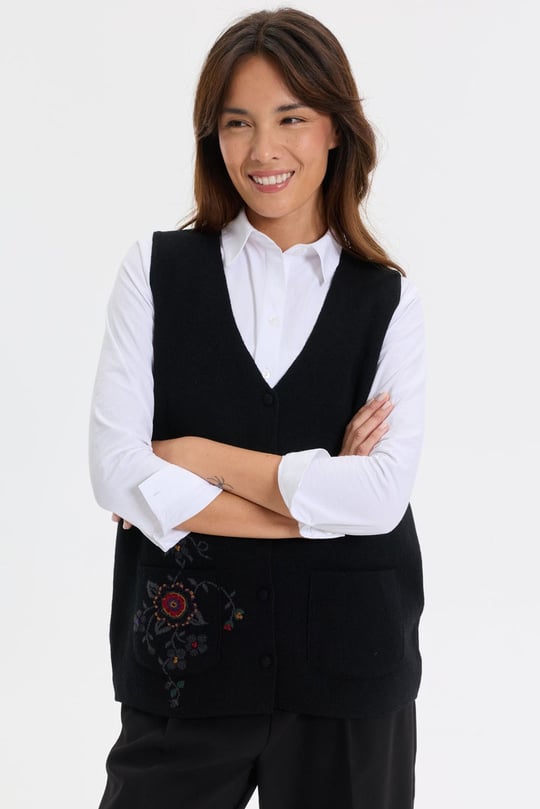 Kadın V Yaka Çapraz Desenli Kısa Yün Yelek Siyah
