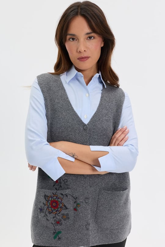 Kadın V Yaka Çapraz Desenli Kısa Yün Yelek Füme