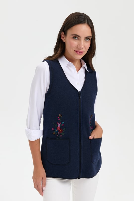 Kadın V Yaka Cep Üstü Nakış İşlemeli Yün Yelek K.Lacivert