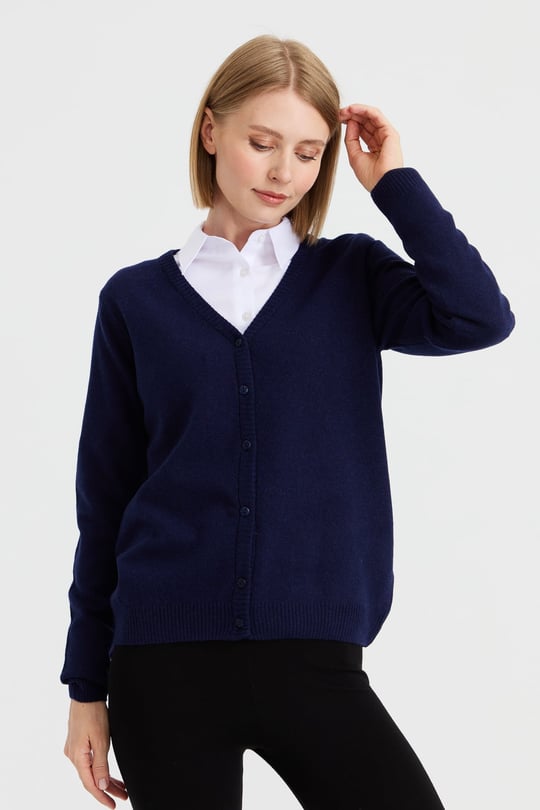 Womens V Neck Wool Gardigan Navyblue