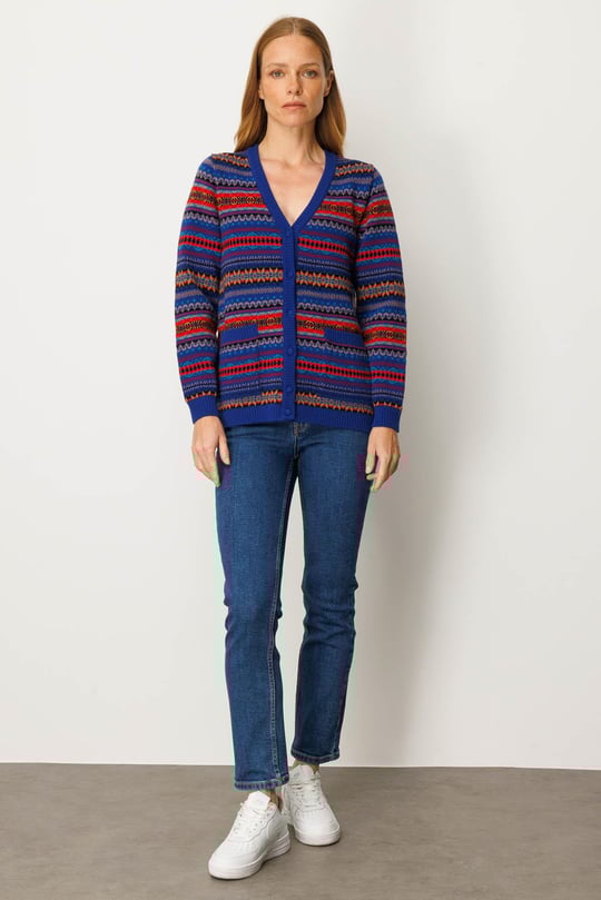 Kadın V Yaka Jakarlı Yün Hırka K.S.Mavi