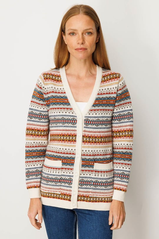 Kadın V Yaka Jakarlı Yün Hırka Kemik