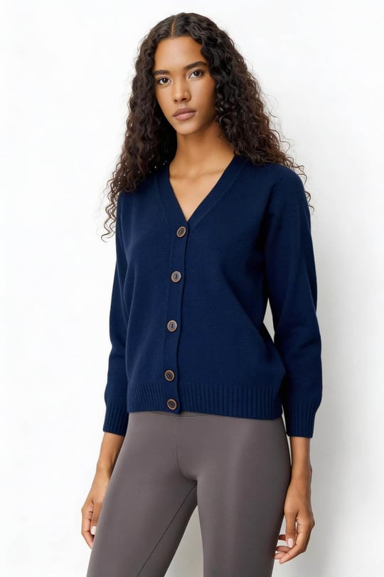 25222Kadın V Yaka Kısa Yün Hırka İndigo