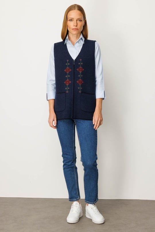 Kadın V Yaka Nakış İşlemeli Kısa Yün Yelek K.Lacivert