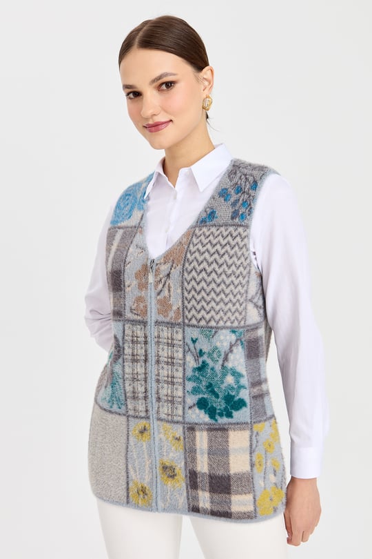 Kadın V Yaka Patchwork Yelek A.Mavi
