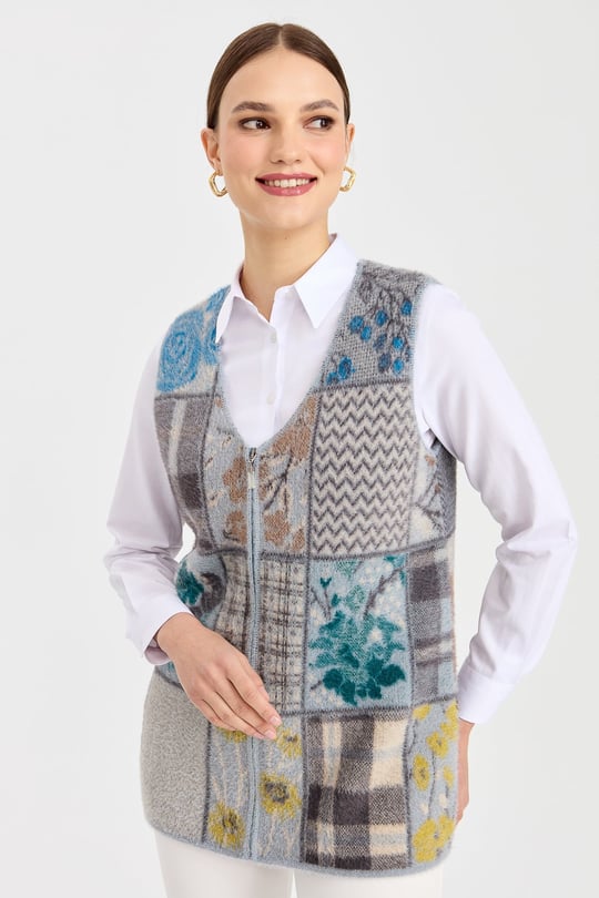 Kadın V Yaka Patchwork Yelek A.Mavi
