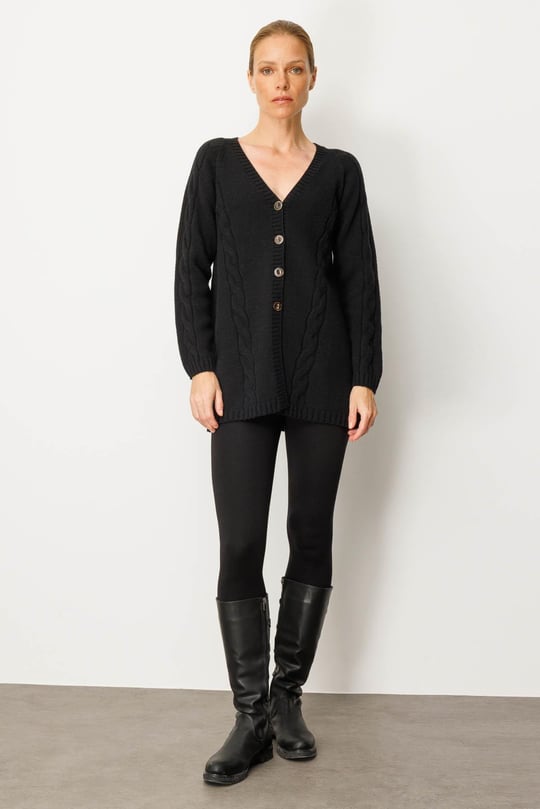 Kadın V Yaka Saç Örgülü Uzun Yün Hırka Siyah