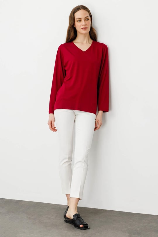 Kadın V Yaka Uzun Kollu Penye Bluz Bordo