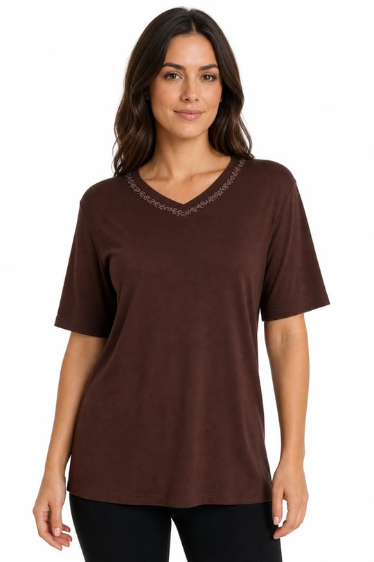 26704Kadın V Yaka Yaka Kenarı İşlemeli Penye T-shirt K.Kahve