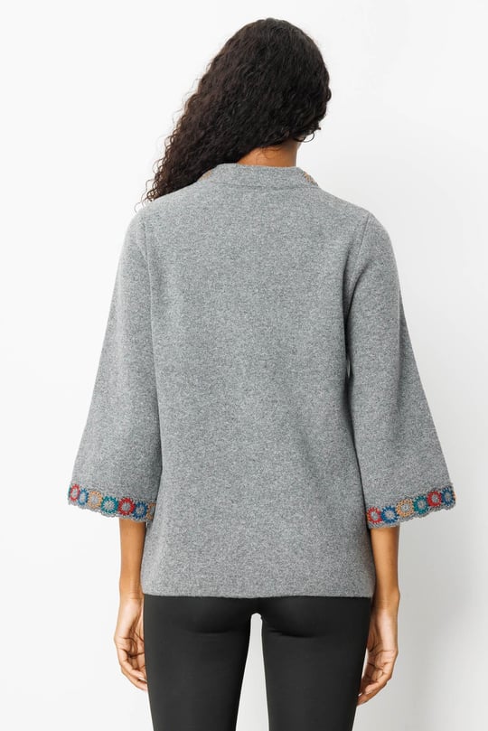 Kadın Yakası ve Kol Ağzı Tığlamalı Kısa Yün Ceket Füme