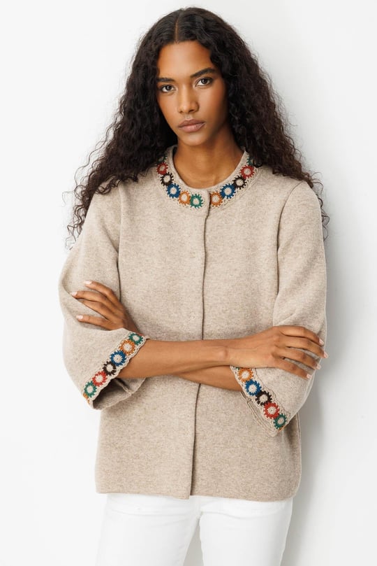 Kadın Yakası ve Kol Ağzı Tığlamalı Kısa Yün Ceket K.Bej