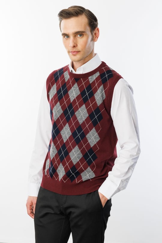 Men's Crew Neck Argyle Pattern Wool Sweater Vest