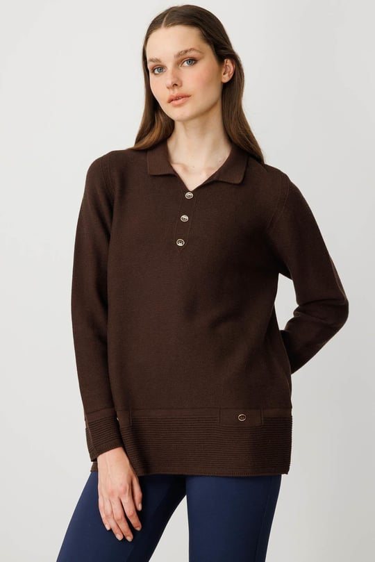 Women's Polo Neck Sweater with Fake Pockets