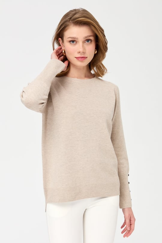 Women's Crew Neck Short Front Long Back Sweater Beige
