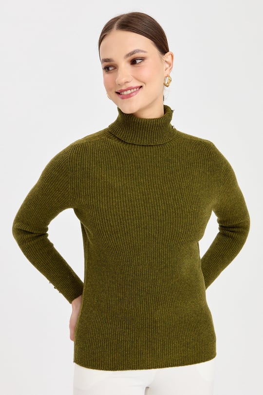 Women's Turtleneck Buttoned Handle Wool Sweater A.K.Green