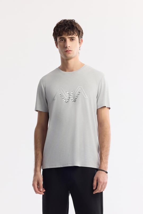 Açık Gri Bisiklet Yaka Baskılı Soft Touch T-Shirt
