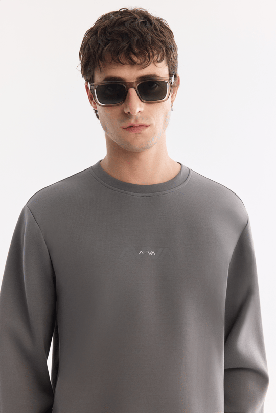 Antrasit Bisiklet Yaka Pamuklu Kolay Ütülenen Bi-Stretch Sweatshirt
