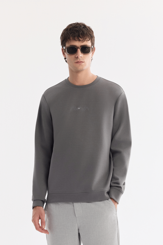 Antrasit Bisiklet Yaka Pamuklu Kolay Ütülenen Bi-Stretch Sweatshirt