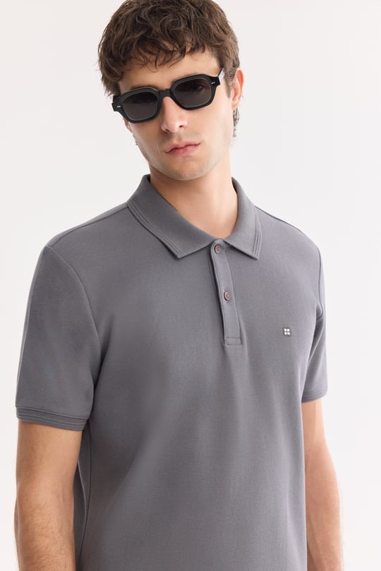 Antrasit Kıvrılmaz Polo Yaka %100 Pamuk Basic T-Shirt