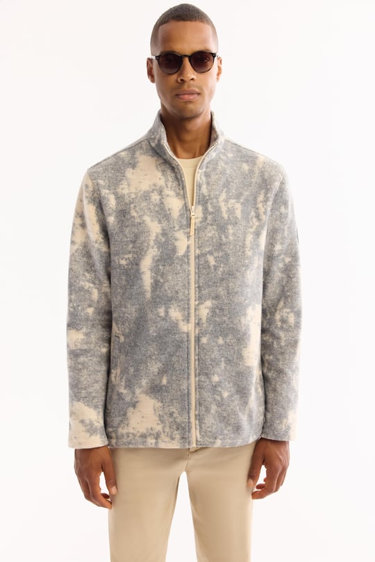 Bej-Antrasit Dik Yaka Fermuarlı Soft Touch Desenli Polar Sweatshirt