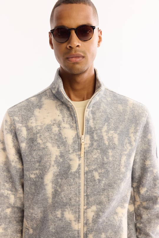 Bej-Antrasit Dik Yaka Fermuarlı Soft Touch Desenli Polar Sweatshirt