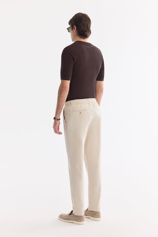Bej Beli Bağcıklı Keten Karışımlı Chino Pantolon