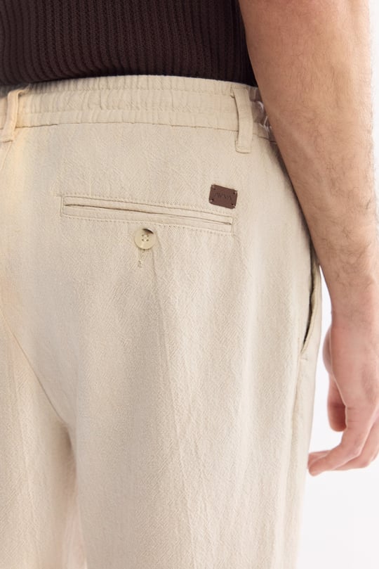 Bej Beli Bağcıklı Keten Karışımlı Chino Pantolon