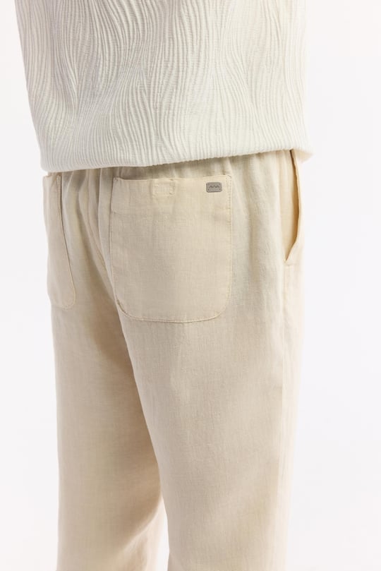 Bej Beli Lastikli %100 Keten Pantolon
