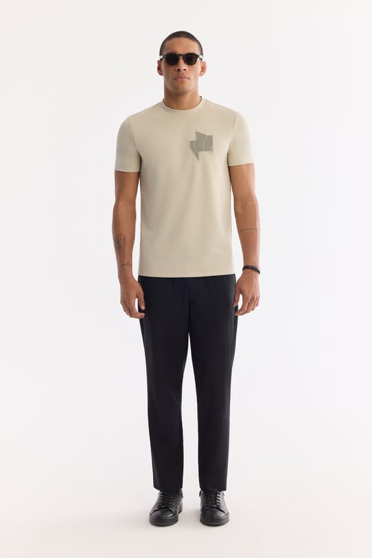 Bej Bisiklet Yaka Enjeksiyon Baskılı Bi-Stretch İnterlok T-Shirt