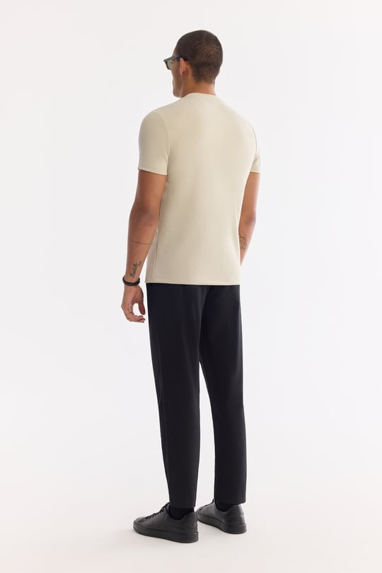 Bej Bisiklet Yaka Enjeksiyon Baskılı Bi-Stretch İnterlok T-Shirt