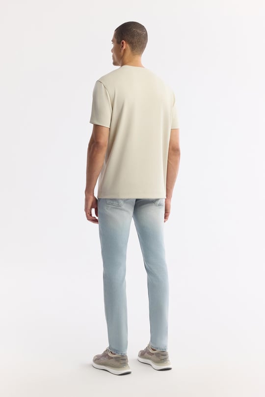 Bej Bisiklet Yaka Baskılı Bi-Stretch İnterlok T-Shirt