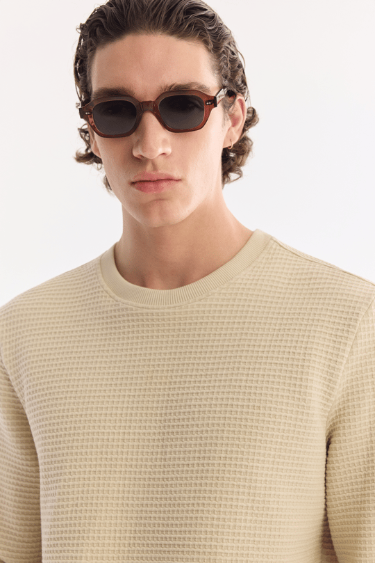 Bej Bisiklet Yaka Pamuklu Kolay Ütülenen Sweatshirt