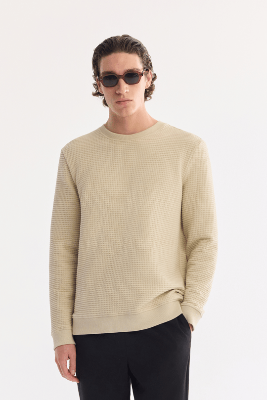 Bej Bisiklet Yaka Pamuklu Kolay Ütülenen Sweatshirt