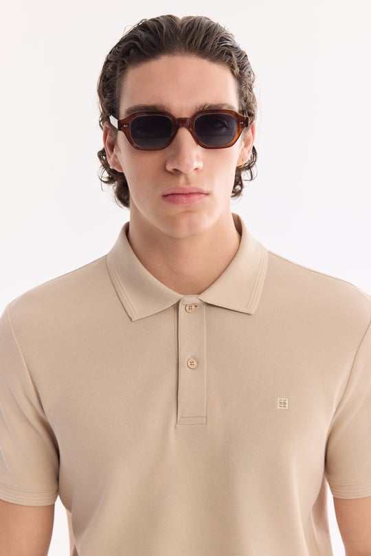 Bej Kıvrılmaz Polo Yaka %100 Pamuk Basic T-Shirt