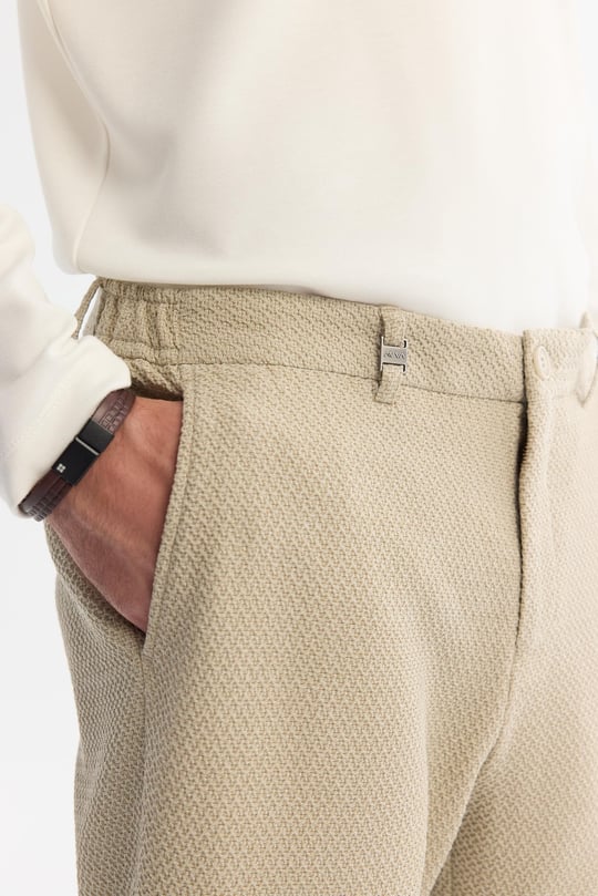 Bej Klasik Bel Yandan Cepli Dokulu Bi-Stretch Pantolon