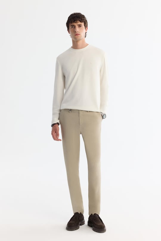 Bej Klasik Bel Yandan Cepli Dokulu Bi-Stretch Pantolon