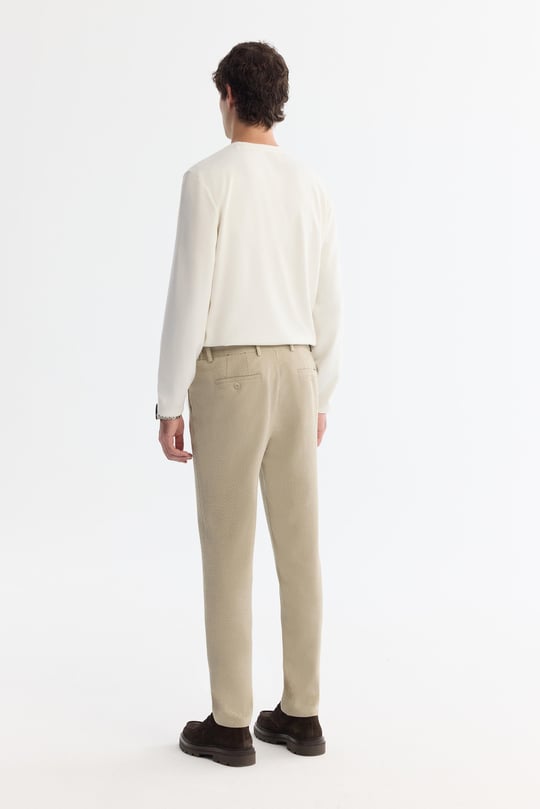 Bej Klasik Bel Yandan Cepli Dokulu Bi-Stretch Pantolon