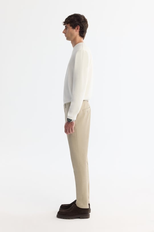 Bej Klasik Bel Yandan Cepli Dokulu Bi-Stretch Pantolon