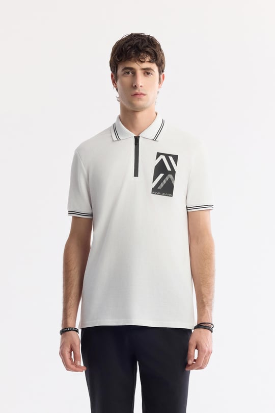 Beyaz Polo Yaka Baskılı %100 Pamuk T-Shirt