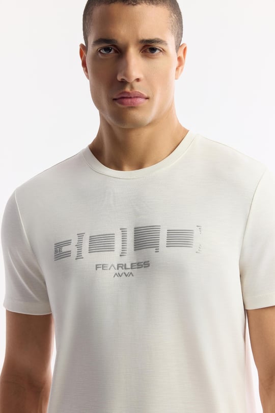 Ekru Bisiklet Yaka Baskılı Soft Touch T-Shirt