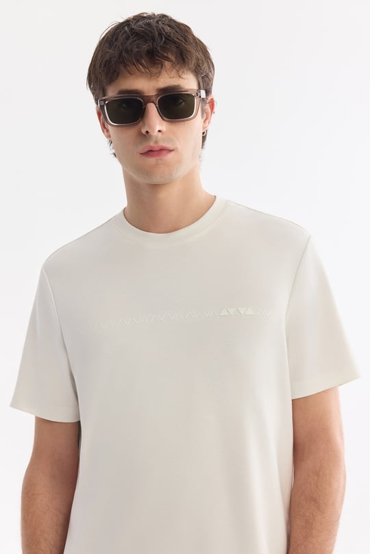 Ekru Bisiklet Baskılı Viskon Karışımlı Bi-Stretch İnterlok T-Shirt