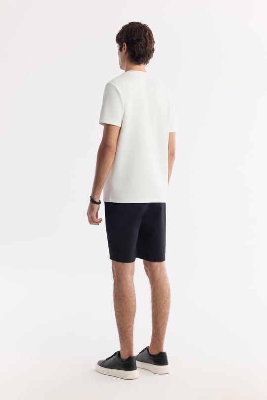 Ekru Bisiklet Yaka Baskılı Bi-Stretch İnterlok T-Shirt