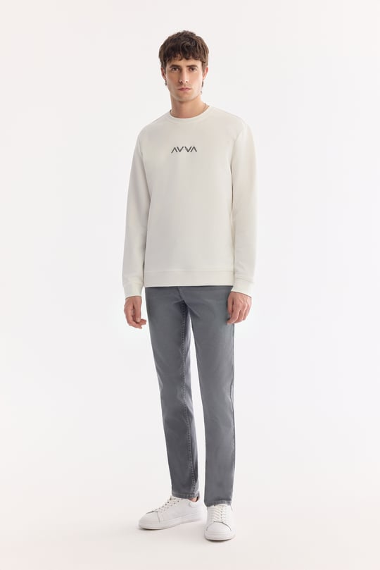Ekru Bisiklet Yaka Pamuklu Kolay Ütülenen Bi-Stretch Sweatshirt