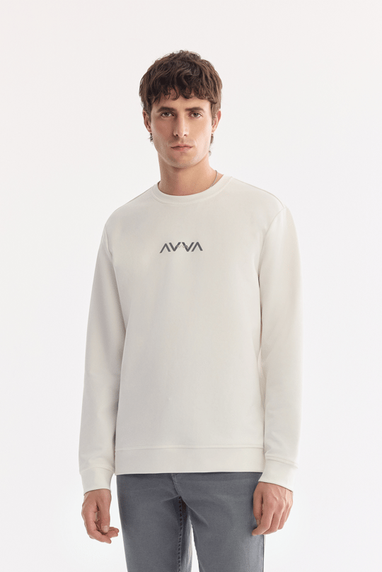 Ekru Bisiklet Yaka Pamuklu Kolay Ütülenen Bi-Stretch Sweatshirt