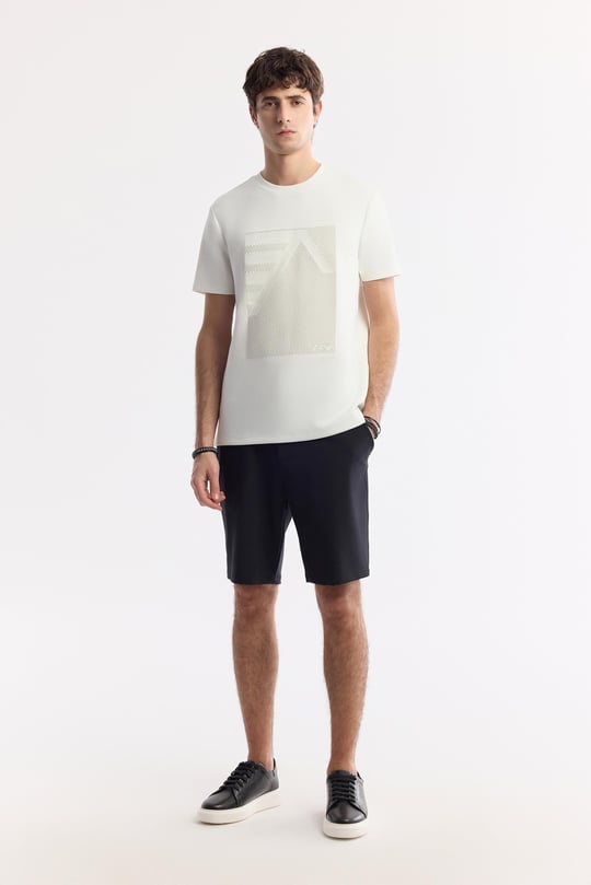 Ekru Bisiklet Yaka Baskılı Bi-Stretch İnterlok T-Shirt