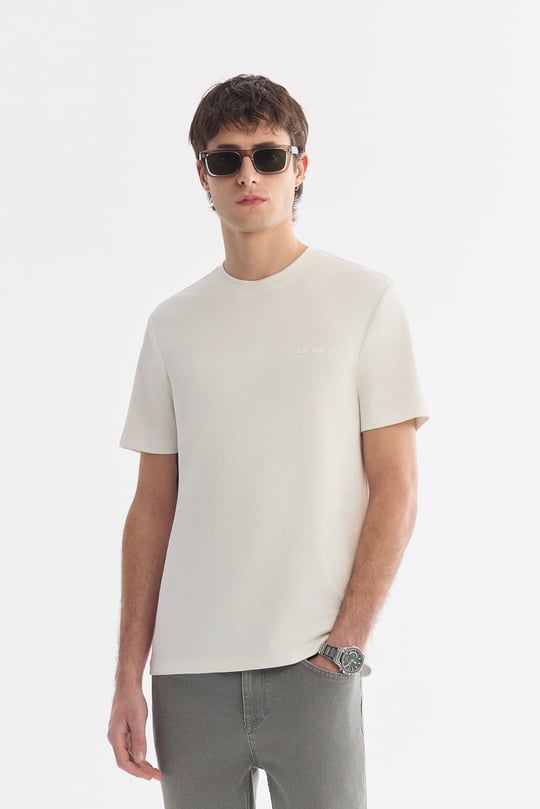 Ekru Bisiklet Baskılı Viskon Karışımlı Bi-Stretch İnterlok T-Shirt